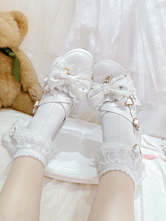 White Jirai Kei Bow at Top Crisscross Design Heart Buckles Platform High Block Heels Shoes