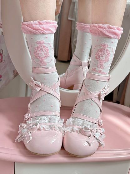 Coffee/Black/Red/Pink Anime Girl Polka-dot Pattern Lolita Calf Socks