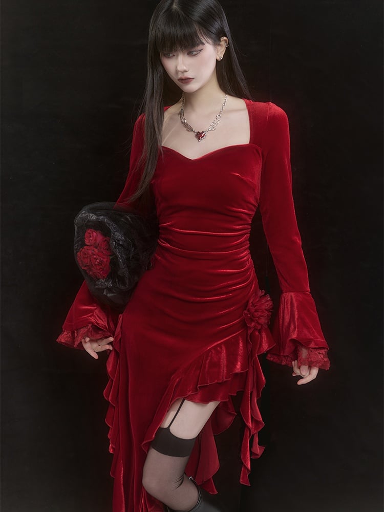 Red Velvet Lace Bell Sleeves Asymmetrical Ruffle Hem Dress