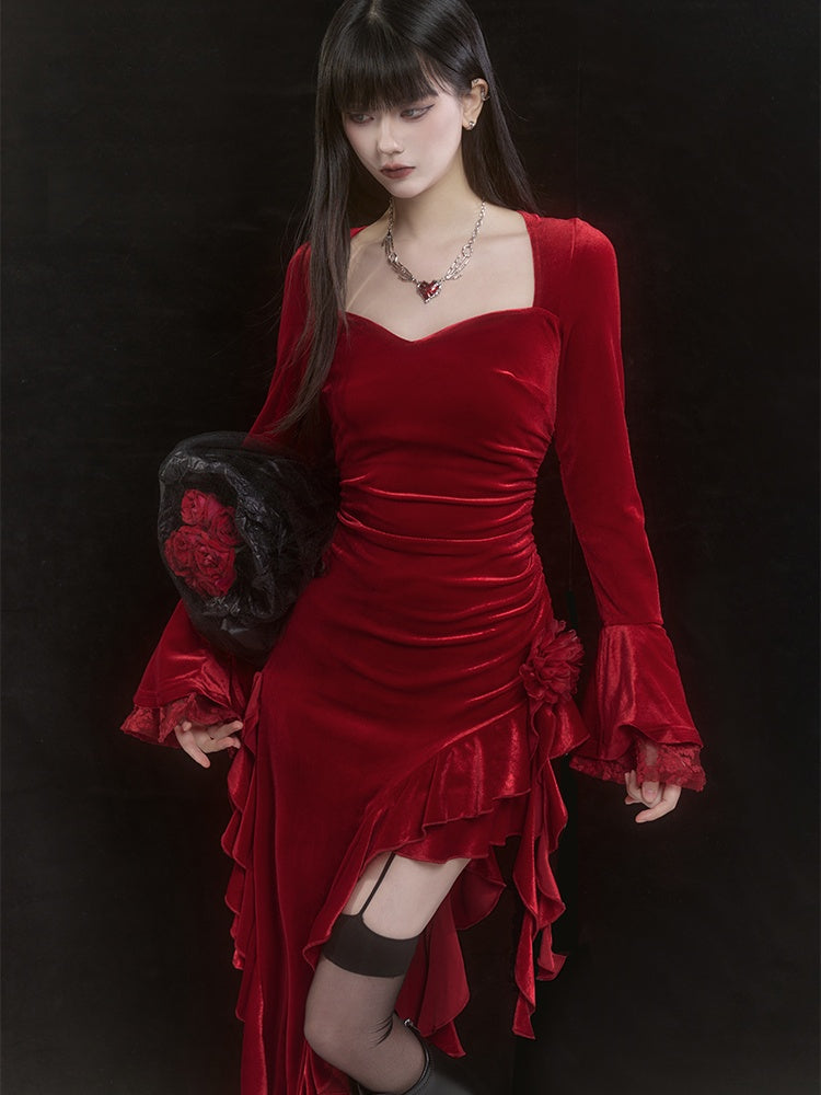 Red Velvet Lace Bell Sleeves Asymmetrical Ruffle Hem Dress