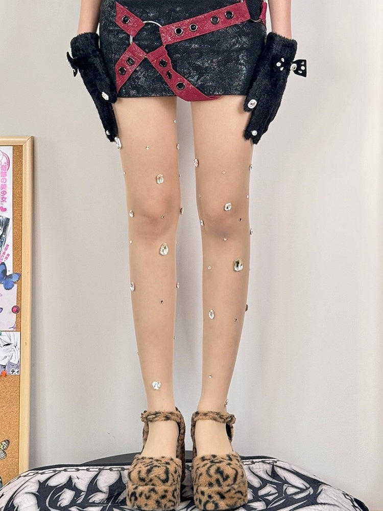 Nude/White Y2K Rhinestone Decorated Tights