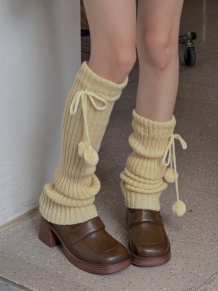 White/Beige/Light Grey/Black 50CM/70CM/90CM Knitted Leg Warmers With Pompons