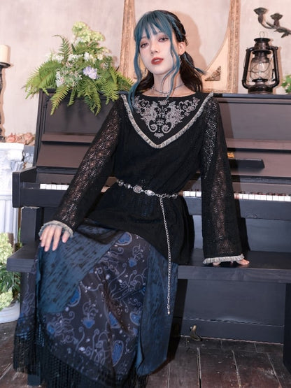 Blue Jellyfish Print Tassel Hem Black Cheongsam Style Skirt Overalls with Detachable Straps