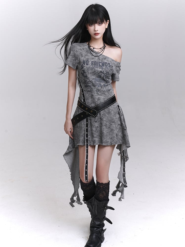 Asymmetrical Neckline Cascading Ruffles Gray/Black Tie Dye Dress with Waist Belt