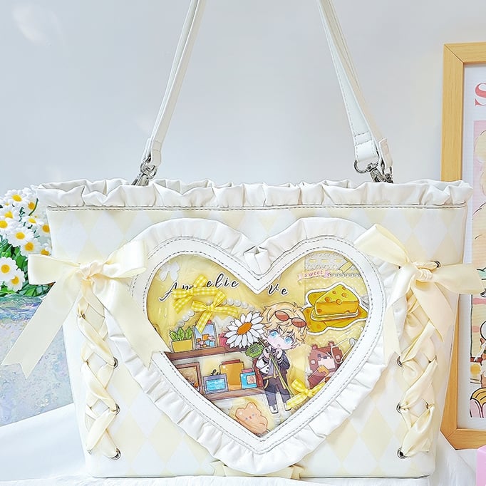 Yellow Diamond Pattern Lace-up Design Ruffles Trim Heart PU Tota Ita Bag