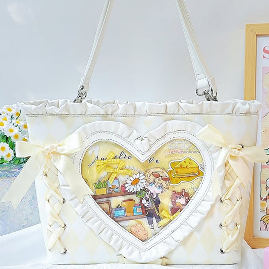 Yellow Diamond Pattern Lace-up Design Ruffles Trim Heart PU Tota Ita Bag