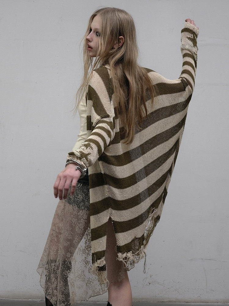 Green Wasteland Punk Striped Pattern Cardigan