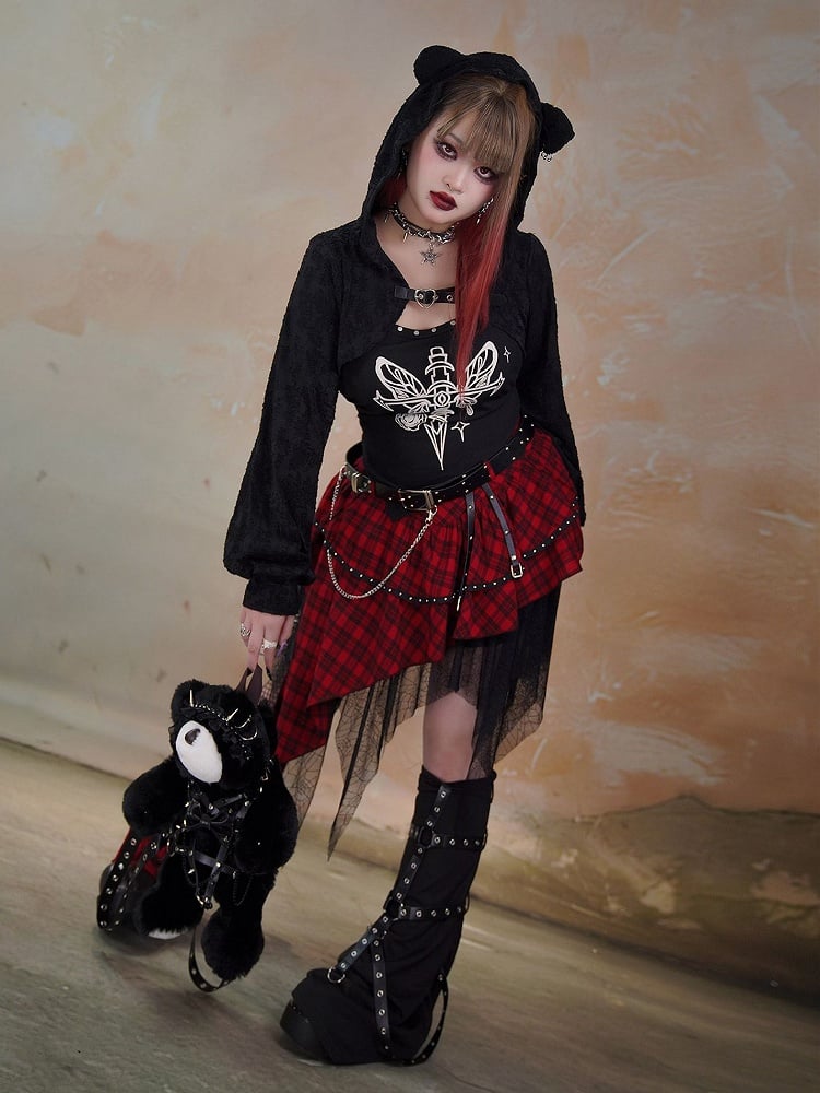 Plus Size Heart Buckle Black Punk Long Sleeves Hooded Top