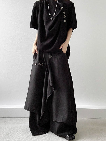 Ouji Lolita Black Wide-Leg Pants with Avant-Garde Draping