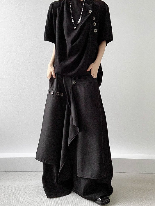 Ouji Lolita Black Wide-Leg Pants with Avant-Garde Draping