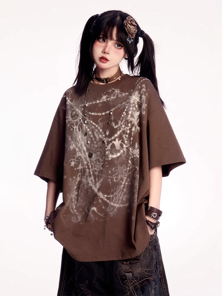 Wasteland Punk Brown Round Neck Graphic T-shirt