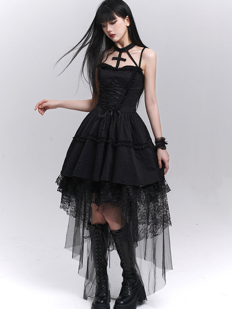 Gothic Black Lace-up Front Basque Waist Cross Halter Dress