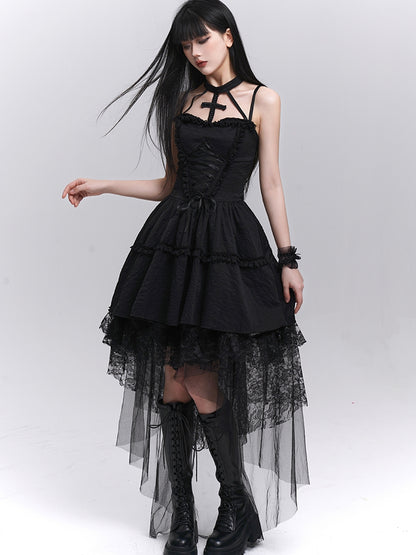Gothic Black Lace-up Front Basque Waist Cross Halter Dress