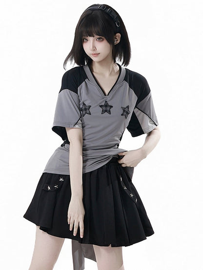 Black/Gray Colorblock Design Plaid Star Appliques V-neck Sports T-shirt