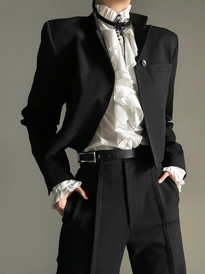 Ouji Lolita Vintage White Bishop Sleeve Shirt with Cascading Ruffle Placket & Detachable Lace Necklace