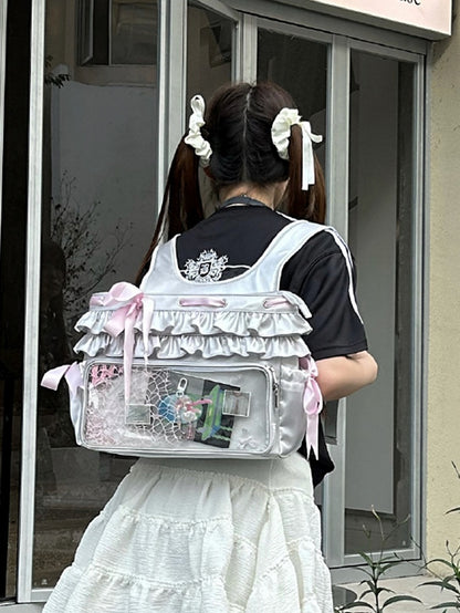 Silver Ruffle Trim Bow Accents Balletcore Ita Backpack