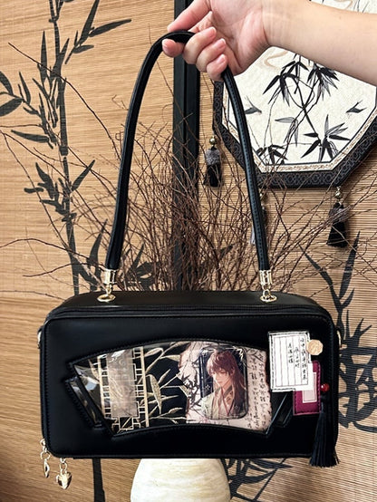 Black Embroidered Bamboo Leaf Cheongsam Style Ita Shoulder Bag with Fringe Charm