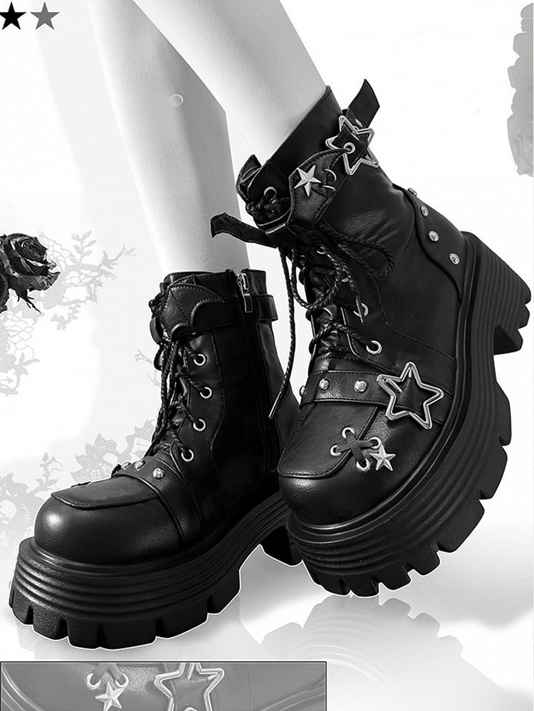 Black Star Buckle Straps Bat Wings Y2K Platform Ankle Boots