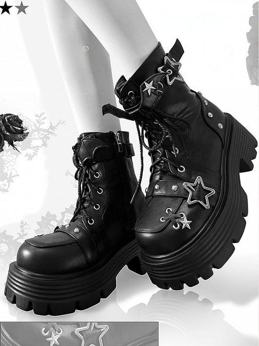 Black Star Buckle Straps Bat Wings Y2K Platform Ankle Boots