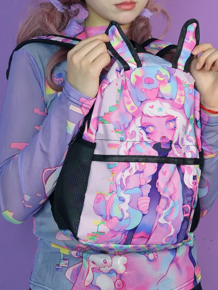 Pink Y2K Backpack with Cartoon Print and Bunny Ear Accents