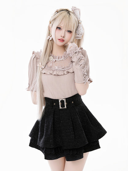 Jirai Kei Bowknots and Beads Decorated Illusion Neckline Dusty Pink Blouse with Free Armwear
