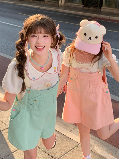 Candy Color Pink/Mint Green Denim Overall Shorts