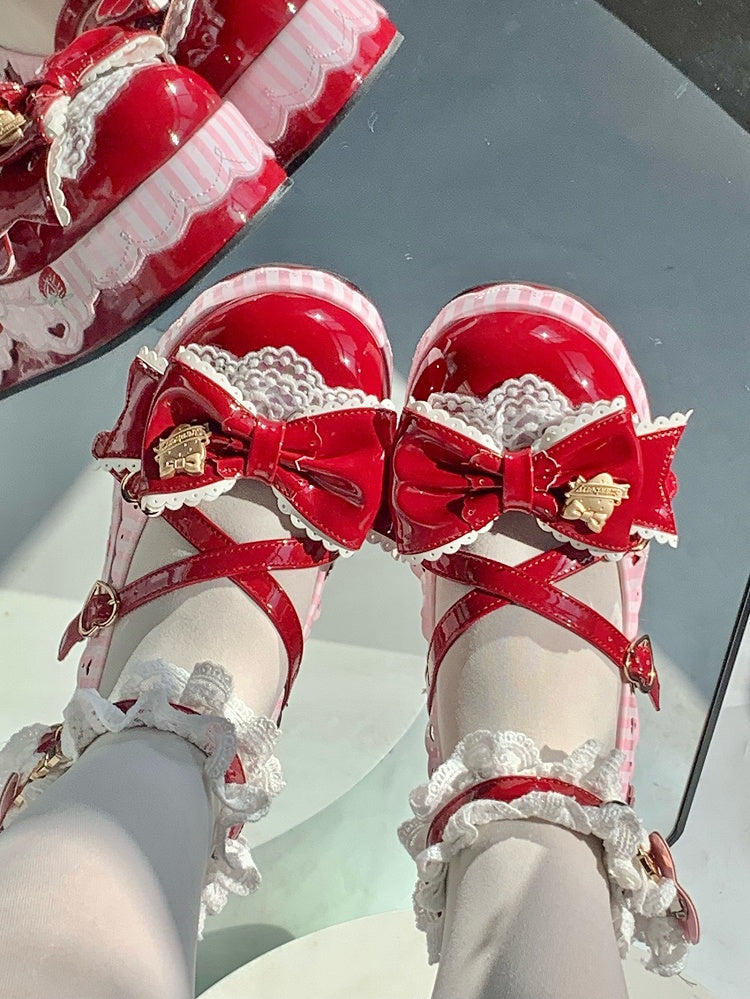 Wine Red Sweet Lolita Mary Janes - Platform Design with Strawberry Decor, Lace Trim & Romantic Clasp