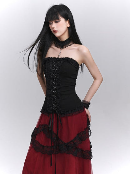 Black Lace-up Front Ruffled Lace Trim Halter Neck Glamorous Strapless Top