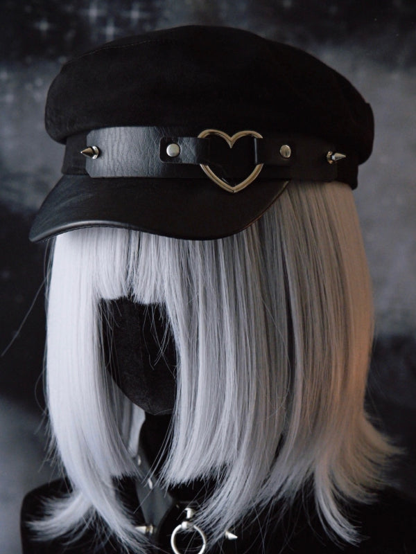 Black Gothic Heart Ring Studs Details Beret Hat