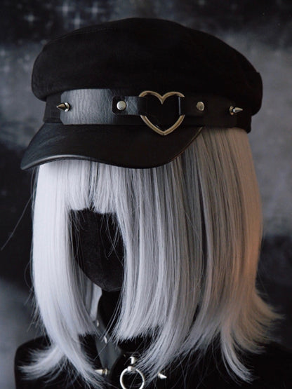 Black Gothic Heart Ring Studs Details Beret Hat