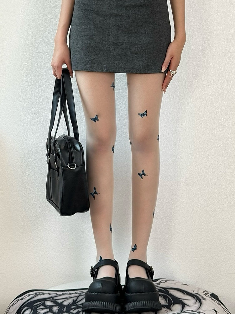Nude/White/Black Butterfly Details Tights