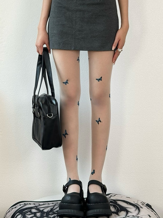 Nude/White/Black Butterfly Details Tights