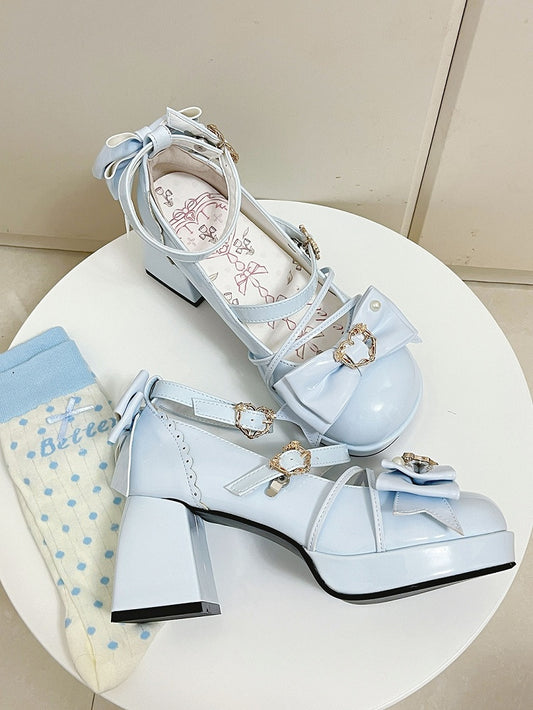 Light Blue Bow Accent Crisscross Design Lolita Platform High Block Heels