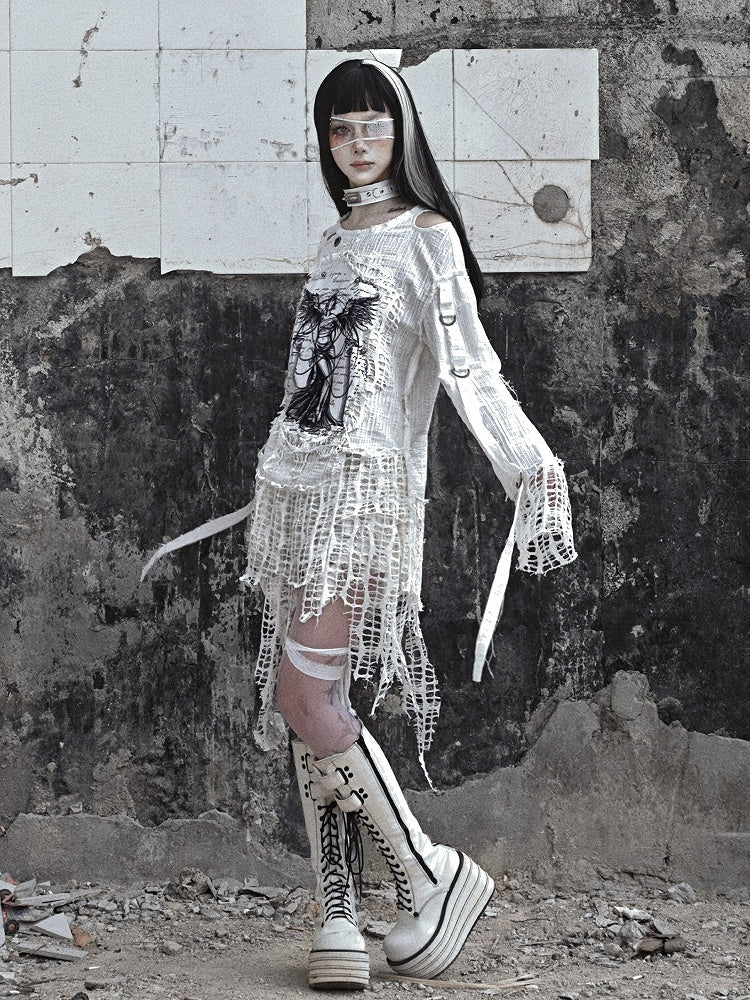 White Angel Print Cutout Shoulders Punk Oversize Sweat Shirt