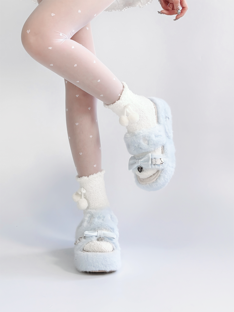 Light Blue Jirai Kei Plush Slippers: Embroidered Cat Design with Platform Sole & Top Bow