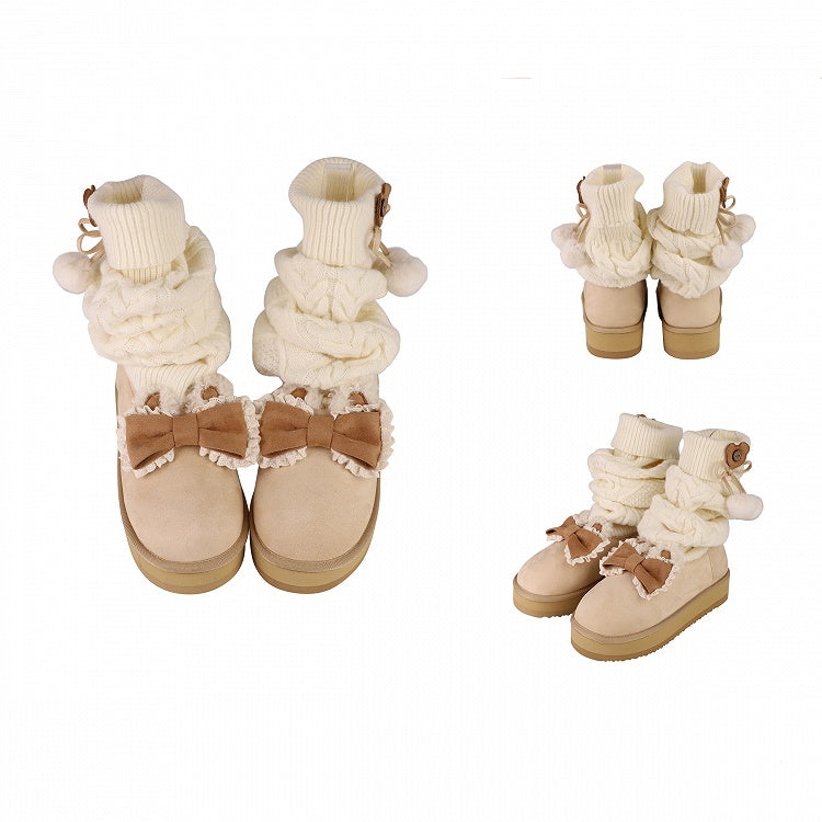 Knitted Stockings Design Bow at Top Beige Platform Boots