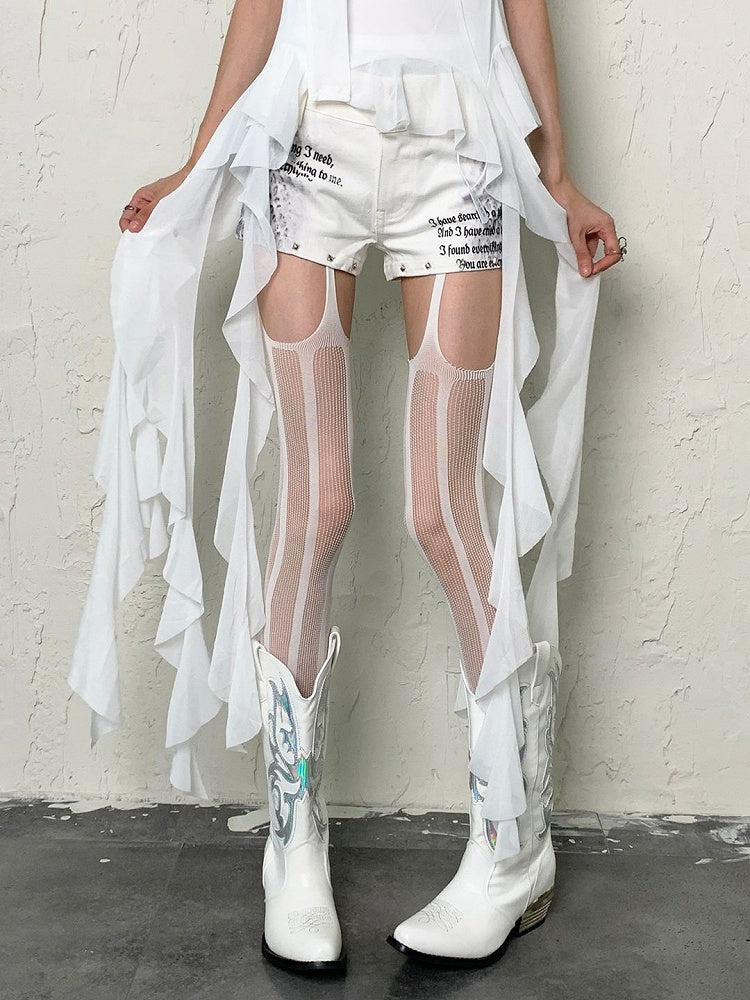 White/Black Y2K Striped Pattern Fishnet Suspender Tights