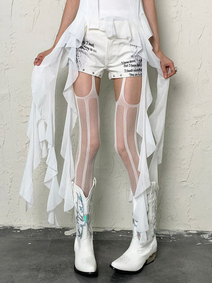 White/Black Y2K Striped Pattern Fishnet Suspender Tights