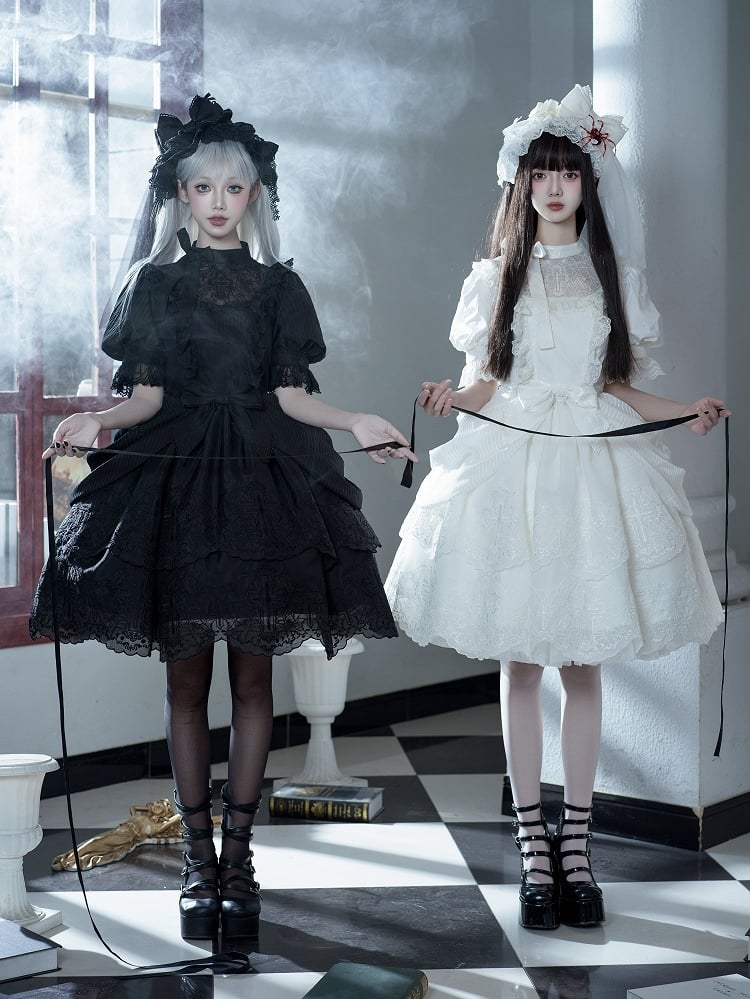 Clearance-Size M for Bust 90CM White Spider Web and Cross Embroidery Shiro Lolita Dress Embroidered Scalloped Edge Trim Skirt