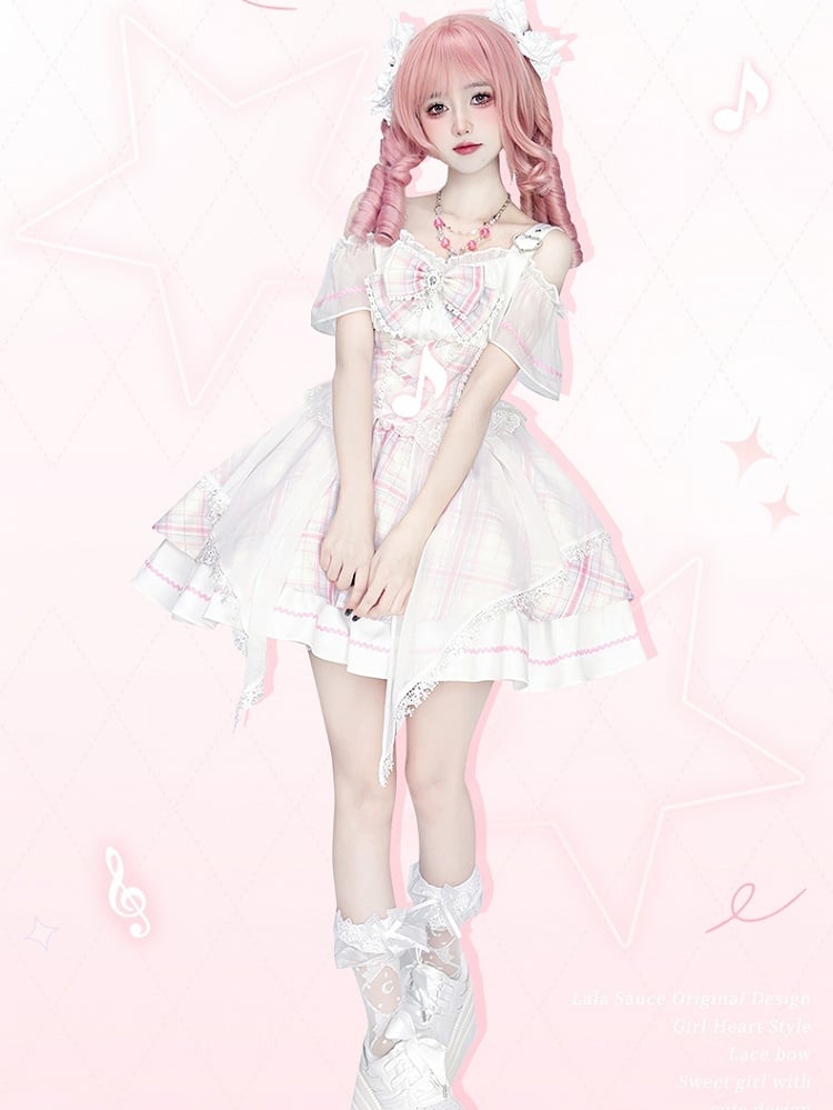 Pink Plaid Off-the-shoulder Neckline Sweet Idol Lolita Jumper Skirt with Free Bowtie