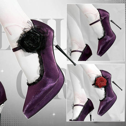 Purple Gothic Floral Decorated Pointed Toe Satin High Heels
