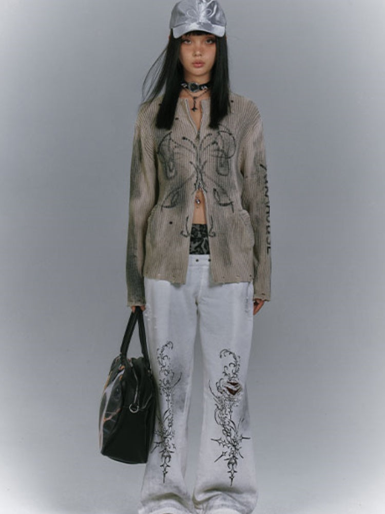 Wasteland Punk Khaki Two-Way Zip Placket Distressed Knitted Sweater