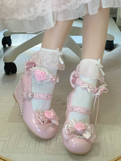 Pink Elegant Lolita Wedge Shoes in PU Leather with Removable Rose Details & Beadwork