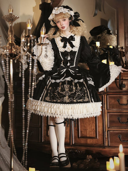 Candle and Candlestick Embroidery Black Bell Sleeves Velvet Dress Lolita OP / Set