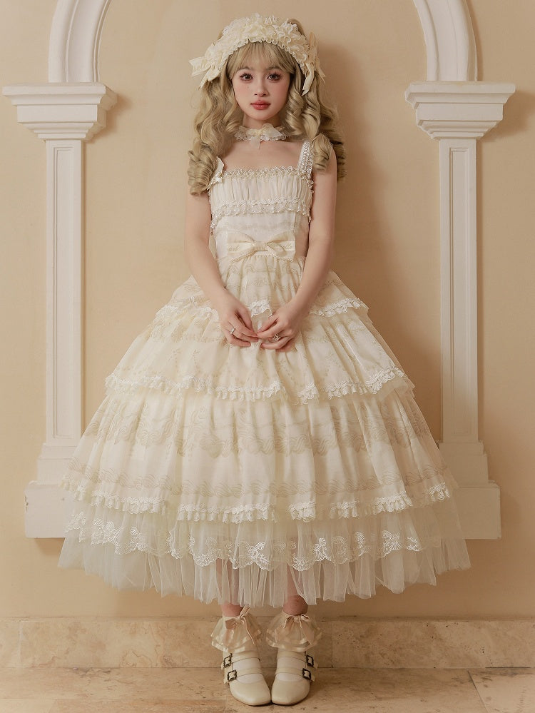 Cream Print Tiered Skirt Beads Neckline Lolita Jumper Skirt