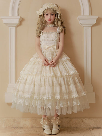 Cream Print Tiered Skirt Beads Neckline Lolita Jumper Skirt