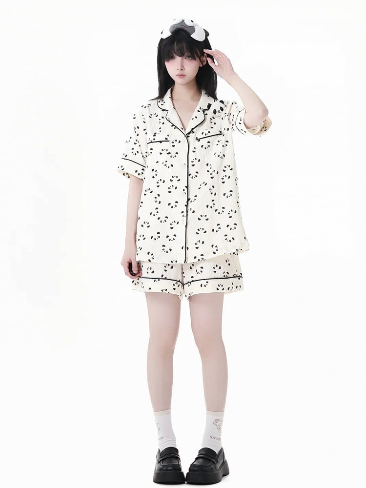 Beige Scalloped Edge Collar Allover Panda Print Shirt + Elastic Waist Shorts Pajamas Set