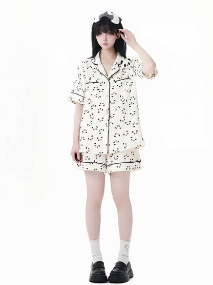 Beige Scalloped Edge Collar Allover Panda Print Shirt + Elastic Waist Shorts Pajamas Set