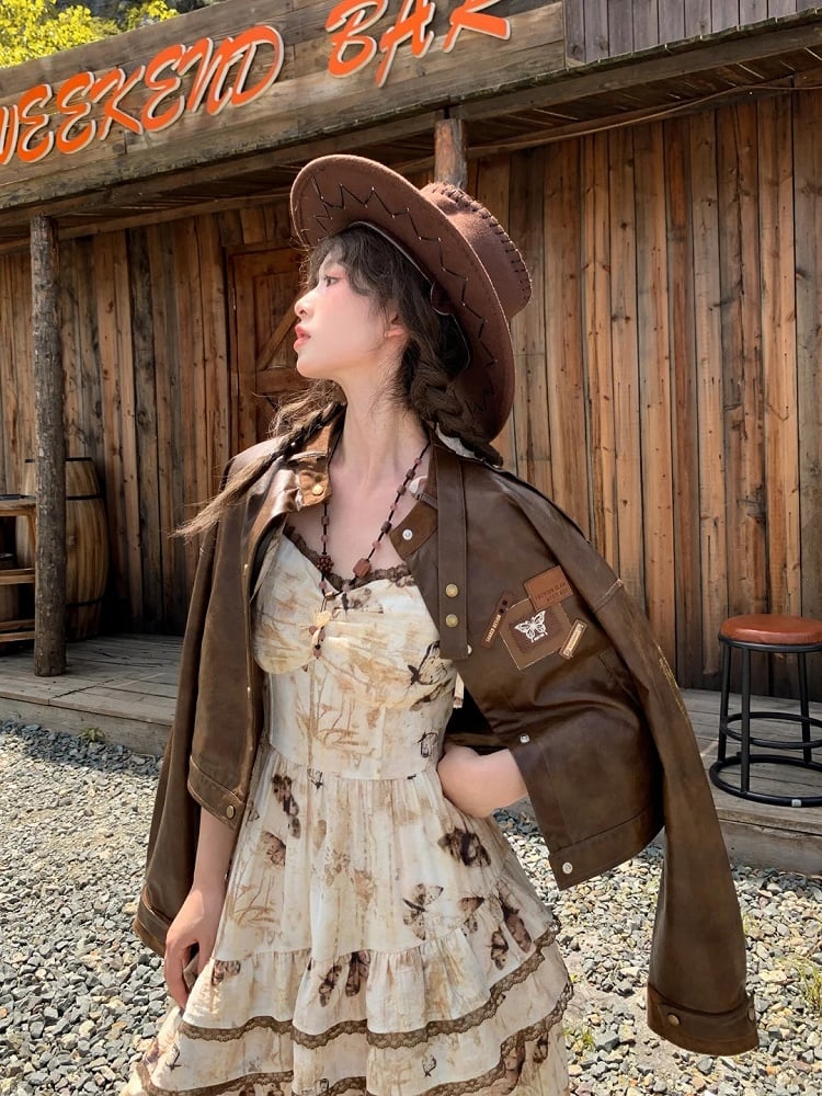 Brown Badge Appliques Vintage PU Jacket for Autumn