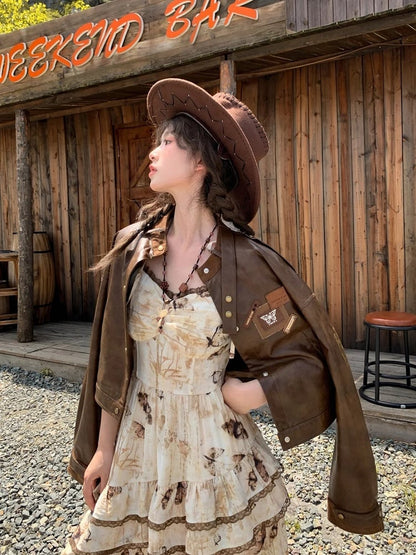 Brown Badge Appliques Vintage PU Jacket for Autumn